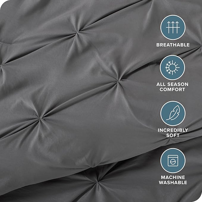 Bare Home Pintuck Pinch Pleat Comforter Set - Down Alternative - Soft, Premium 1800 Series - Bedding for All Seasons, 3 Pieces, 1 Comforter (98”x 116”) and 2 Pillow Shams (Oversized King, Grey)