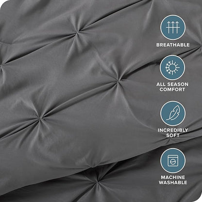 Bare Home Pintuck Pinch Pleat Comforter Set - Down Alternative - Soft, Premium 1800 Series - Bedding for All Seasons, 3 Pieces, 1 Comforter (90”x 104”) and 2 Pillow Shams (King, Grey)