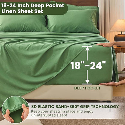 Bedlifes 100% French Linen Sheets King Size 18-24" Extra Deep Pocket 4-Piece Set Breathable & Moisture-Wicking,Soft & Durable Sheets for Thick Mattresses(Sage Green)