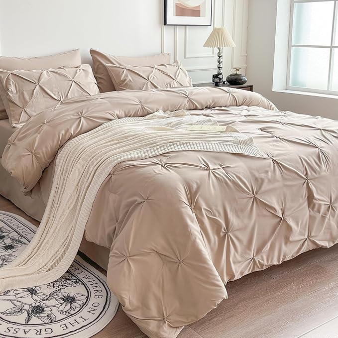 Maple&Stone California King Comforter Set, 7 Pieces Cal King Bed Set, Pinch Pleat Bed in a Bag Bedding Set with Comforter, Sheets, Pillowcases & Shams - Beige