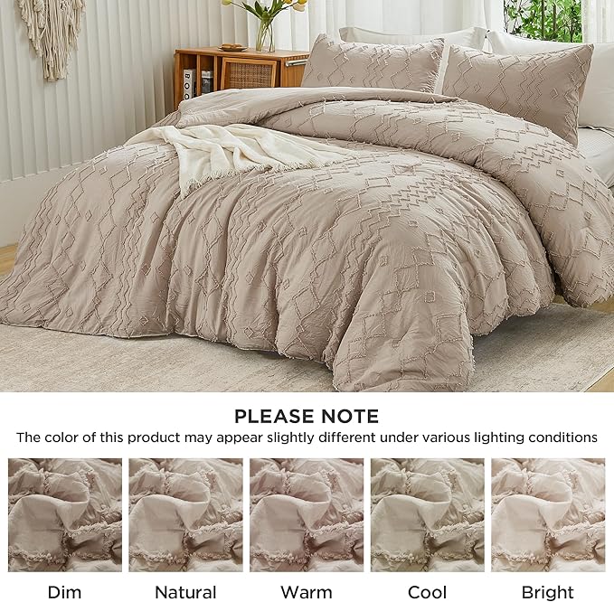 Andency Khaki Tufted Comforter Set Full(79x90Inch), 3 Pieces(1 Tufts Comforter, 2 Pillowcases) Boho Textured Farmhouse Bed, Microfiber Down Alternative Geometric Tan Bedding Set