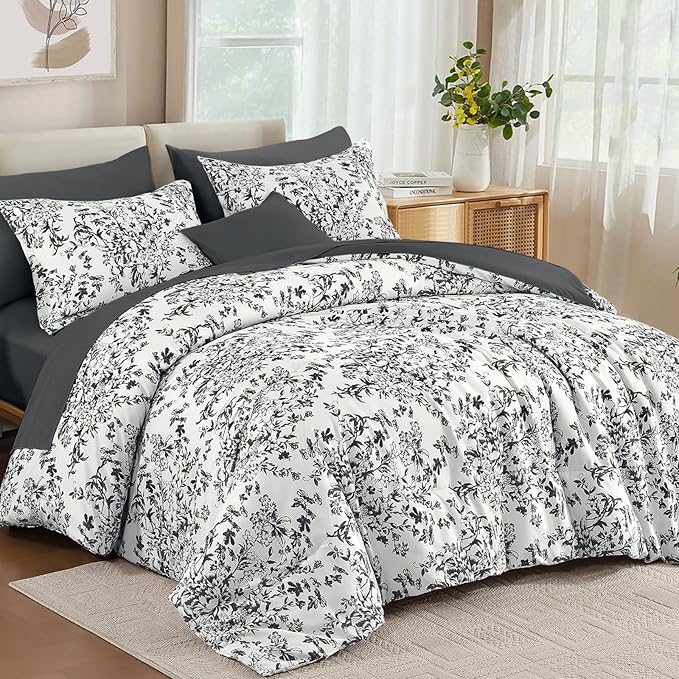 WONGS BEDDING Comforter Set King, 8 Pieces Black Gray Floral Botanical Plants Print Comforter, Soft Fluffy Microfiber Complete Bed in a Bag Bedding Sets for All Season (90"x104")