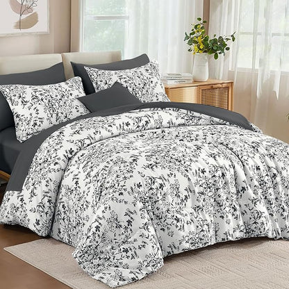 WONGS BEDDING Comforter Set King, 8 Pieces Black Gray Floral Botanical Plants Print Comforter, Soft Fluffy Microfiber Complete Bed in a Bag Bedding Sets for All Season (90"x104")