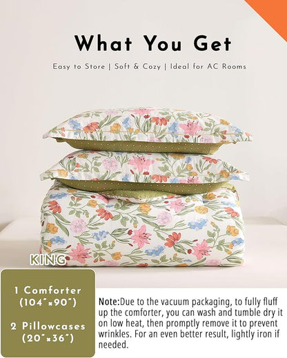 Luxurious Cotton 3pcs Floral Comforter Sets King Size - Blush, Yellow & Blue Spring Garden Floral Prints on White, Warm Olive Green Reverse,Vintage Lightweight Bedding Sets(King 104"×90")