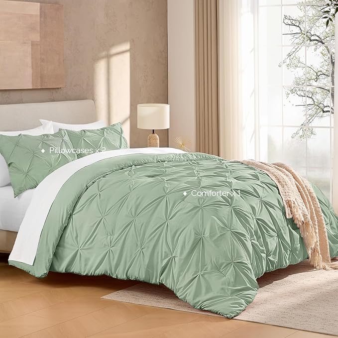 Andency Sage Green Pinch Pleated Comforter King(104x90Inch), 3 Pieces Pintuck Lightweight Comforter Set, Soft Microfiber Down Alternative Bedding Set