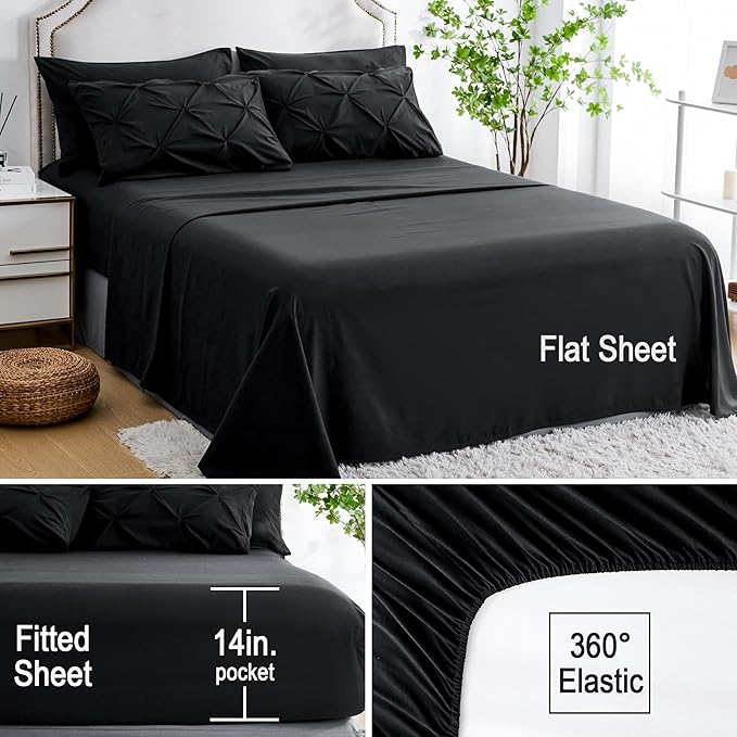 Ubauba 7pc Black King Size Comforter Set with Sheets, 7 Piece Pinch Pleating Bed in a Bag Sets, Pintuck All Season Beddings with Comforter (Black,King)