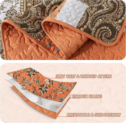 BEDIFANY Farmhouse Cotton Quilts Queen Size for Fall - Lightweight Patchwork Autumn Bedspread Set for Bed Coverlet - Highly-Woven Soft Reversible Bed Spread for All Seasons (Floral Orange) 3 Pieces