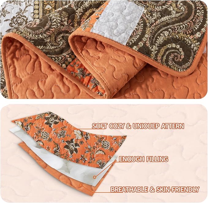 BEDIFANY Cotton California King Size Quilt for Farmhouse- Fall Patchwork Bedspread Set - Highly-Woven Soft Reversible Oversized King Size Coverlet for All Seasons (Floral Orange) 3 Pieces