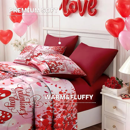 Nesker 7 Pcs Valentine's Day Comforter Set Queen Size, Romantic Love Gnomes Bedding Set for Kids and Adults, Cute Sweet Heart Sheets Bed Sheet Sets with Fitted Sheet 2 Pillowcases & 2 Shams