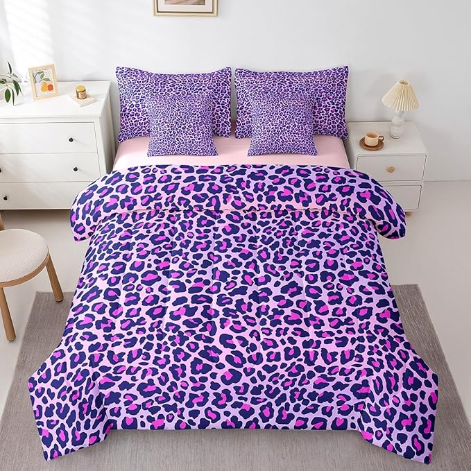 Feelyou Girls Leopard Print Comforter Set Twin Size 7 Pcs Women Purple Leopard Comforter Bed in a Bag Safari Wild Animal Bedding Set for Teens Pink Bed Set with Sheets, Pillowcases, Pillow Covers