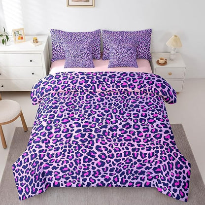 Feelyou Girls Leopard Print Comforter Set Queen Size 7 Pcs Women Purple Leopard Comforter Bed in a Bag Safari Wild Animal Bedding Set for Teens Pink Bed Set with Sheets, Pillowcases, Pillow Covers