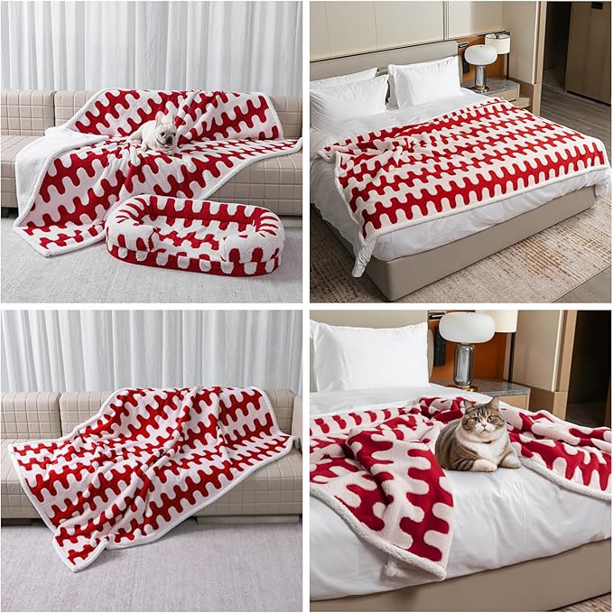 Waterproof Pet Blanket,Red Dog Throw Blankets for Bed Covers Couch Sofa Stylish Jacquard Pets Mats of Puppy Cats Washable Reversible Furniture Protection Covers (Red Wave,M)