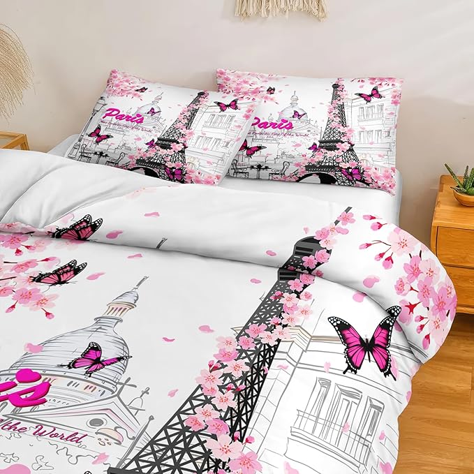 Paris Bedroom Comforter Set Pink France Bedding Comforter Queen Size Bed in a Bag with Pink Sheet Set Cherry Blossom Butterfly Women Girls Queen Bed Set