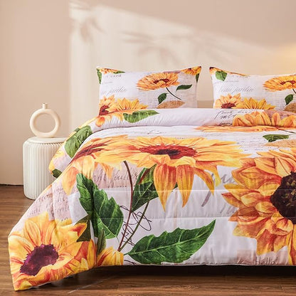Sunflower Comforter Sets,Seamless Pattern with Hand Drawn Vibrant Yellow Watercolor Sunflowers on The Background,Decorative Bedding Comforter Sets with 2 Pillow Shams, Twin Size