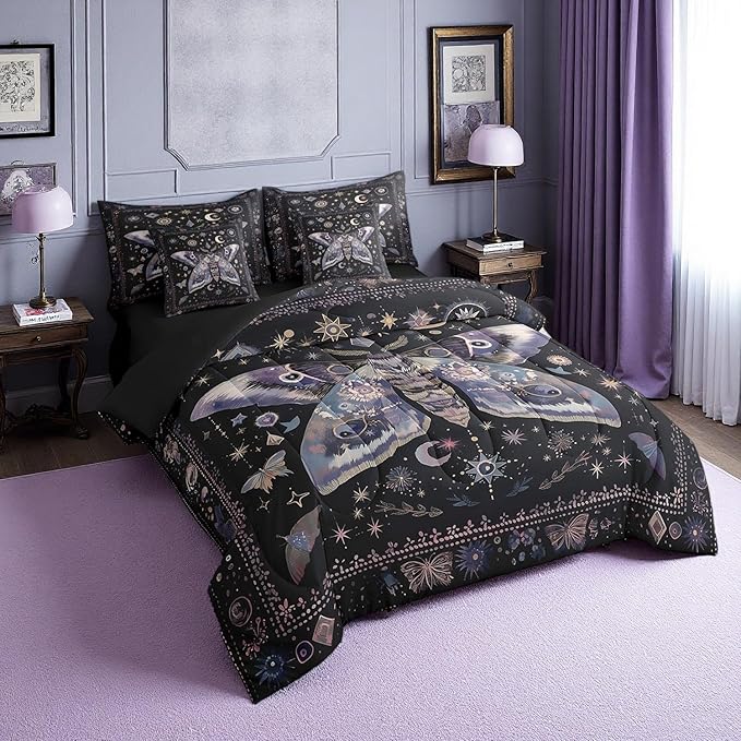 Erosebridal Black Boho Moth Comforter Set King with Sheets,Sun Moon and Stars Bedding Set 7 Piece Gothic Bedroom Decor,Trippy Butterfly Bed in a Bag with Fitted Sheet,Flat Sheet,Pillowcases & Shams