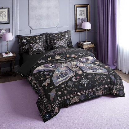 Erosebridal Black Boho Moth Comforter Set King with Sheets,Sun Moon and Stars Bedding Set 7 Piece Gothic Bedroom Decor,Trippy Butterfly Bed in a Bag with Fitted Sheet,Flat Sheet,Pillowcases & Shams