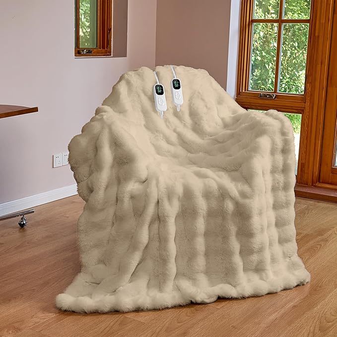 IUUI Electric Heated Blanket King 90''x100'',Luxury Faux Rabbit Fur Heating Throw Blankets,Fast Heating with 1/2/4/6/8/10 Hours,Overheat Protection, Quick Heating, Memory Function, Gift-Ready Design