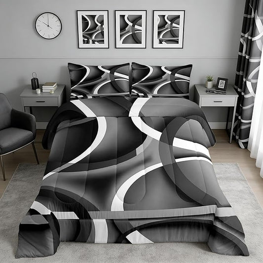 Castle Fairy Retro Circle Comforter Set Queen Size Gray Black Bedding Set for Kids Boys Girls Bedroom Decoration Stripe Line Art Bed Duvet Insert Geometric Modern Comforter with 2 Pillowcase