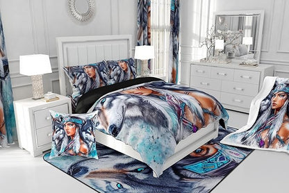 Erosebridal Indian Woman and Wolf Full Comforter Set,Hunting Wolf Bedding Set for Kids Adults Room Decor,Ethnic Tribal Boho Quilt Set Wild Animal Bedding Comforter Sets,2 Pillowcases