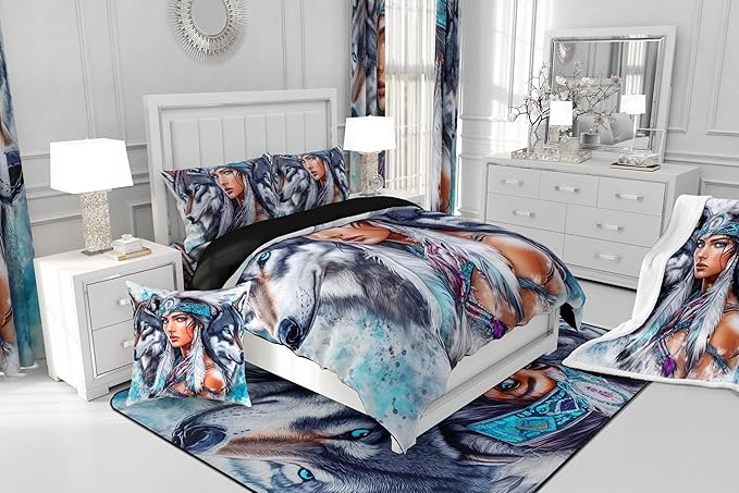Erosebridal Indian Woman and Wolf Queen Bedding Set,Hunting Wolf Comforter Set for Men Women Bedroom Decor,Ethnic Tribal Boho Bed Set Wild Animal Bedding Comforter Sets,2 Pillowcases