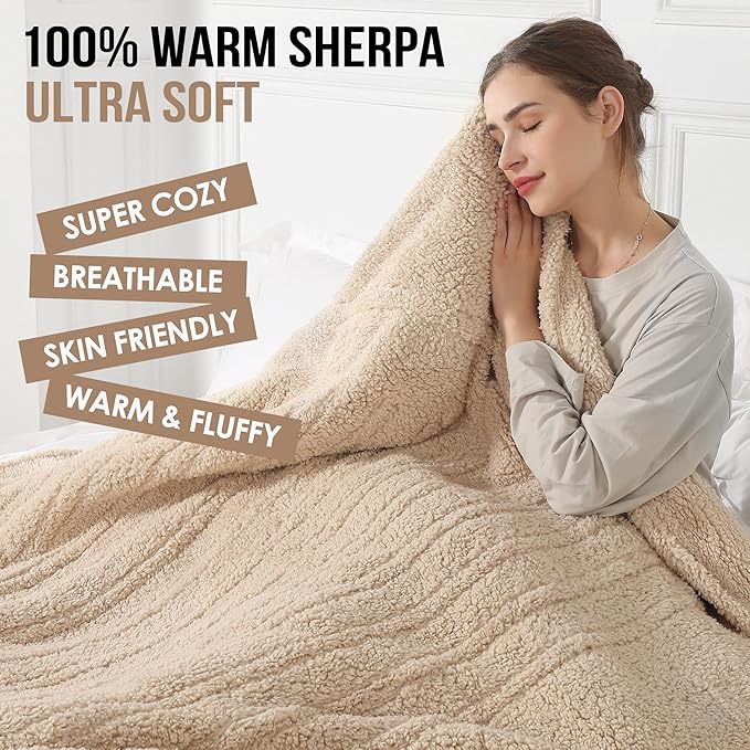 Heated Blanket Throw, Electric Throw Blanket with 5 Heating Levels & 4 Hours Auto Off, Double Sided Soft Cozy Sherpa Electric Heated Blanket with ETL Certified for Office, 50"x60", Milk Coffee