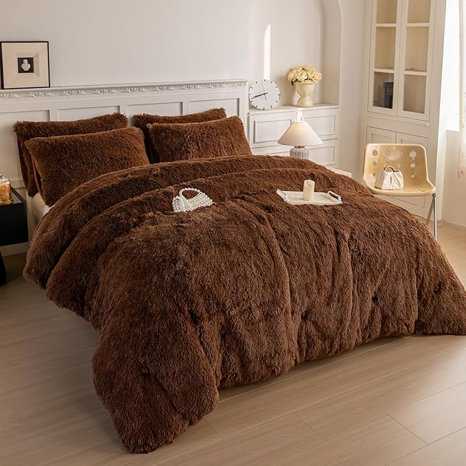 chovy Faux Fur Plush Coffee Comforter Sets King - Ultra Soft Shaggy Flannel Velvet Fluffy Fuzzy 3PC Bedding Set （Comforter x 1 Pillowcases x 2）