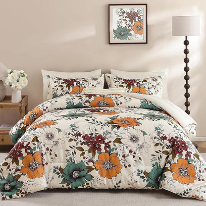 Xruibed Floral Comforter Set King Size 7 Pieces, Beige Orange Bed in a Bag Flower Comforter Set with Sheet, Pillowcases, Pillowshams, Soft Microfiber Bedding Set for All Season (King 104''x90'')
