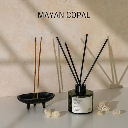 Craft & Kin Mayan Copal Reed Diffuser | All Natural Essential Oil & Rattan Scent Sticks | Winter Reed Diffusers for Home, Bathroom | Long Lasting Home Fragrance in Green Glass, 3.4oz