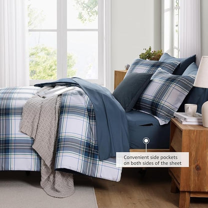 MaiRêve Queen Size Plaid Comforter Set Blue White, Classic 7 Pieces Farmhouse Bedding Set, All Season Lightweight Bed in A Bag with Sheets, Pillowcases & Shams