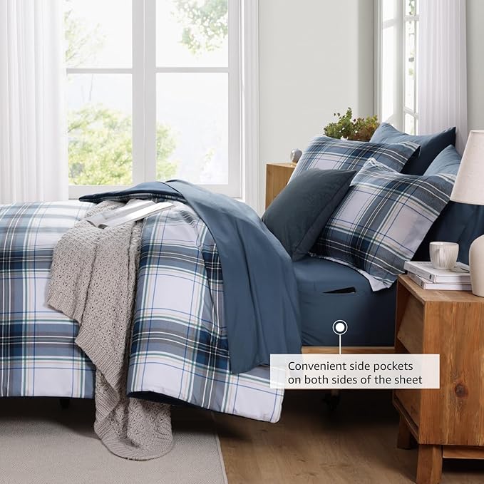 MaiRêve Twin XL Size Plaid Comforter Set Blue White, Classic 5 Pieces Farmhouse Bedding Set, All Season Lightweight Bed in A Bag with Sheets, Pillowcase & Sham