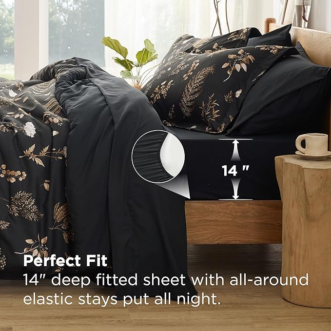 Bedsure Black King Comforter Set - 7 Pieces Floral Bedding Sets King Bed in a Bag with Reversible Botanical Flowers Comforter, Sheets, Pillowcases & Shams