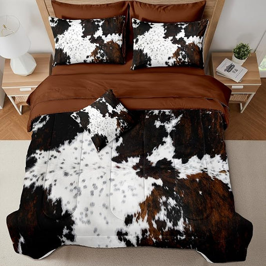 MUGINYU Brown Cowhide Comforter Set Full, 7 Pieces Bed in a Bag Black White Cow Skin Print Western Farmhouse Animal Fur Bedding Set