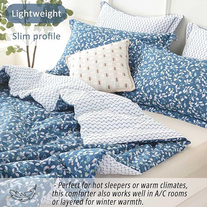Blue Floral Cotton Comforter King Size - White Leaves with Delicate Soft Green & Blush Floral Print, Blue Chevron on White Reverse – 3PC Lightweight Bedding Set with Soft Fill(104"×90")
