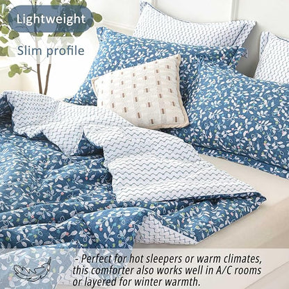 Blue Floral Cotton Comforter King Size - White Leaves with Delicate Soft Green & Blush Floral Print, Blue Chevron on White Reverse – 3PC Lightweight Bedding Set with Soft Fill(104"×90")