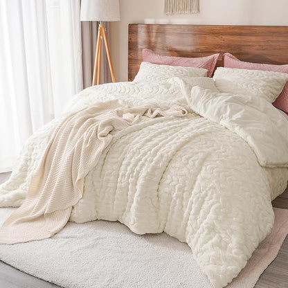 PHF Fluffy Sherpa Fleece Twin Comforter Set, 2 Pieces Warm Fuzzy Soft Bedding for Winter, 3D Tufted Flannel Plush Shaggy Bed Set, 1 Comforter (68"x90") and 1 Pillowcase (20"x26"), Cream