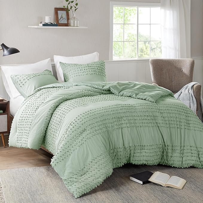 Comfort Spaces Twin Comforter Set Jacquard Pom-Pom Tufts Boho Comforter for Twin Size Bed, MIcrofiber Reverse, All Season & Lofty Twin Bedding Set & Sham, Phillips, Twin/Twin XL, Sage Green 2 Piece