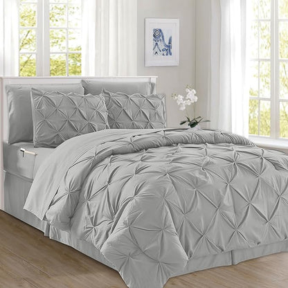 Elegant Comfort 8-Piece Pinch Pleated Comforter Set - All Season Complete Bed in a Bag, Includes 4pc Smart Sheet Set, Bed Skirt, Comforter, Matching Pillowcases and Shams, Twin/Twin XL, Light Gray