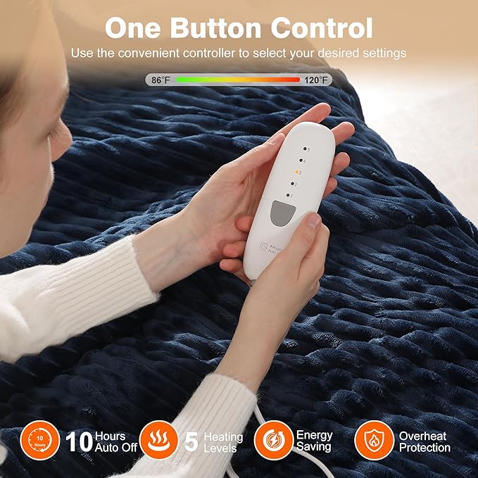 King Size Electric Blanket, Fast Heating Blanket with Dual Controls, 5 Heat Settings, 10-Hour Auto Off, Striped Flannel & Sherpa, FCC/ETL Certified, 90''x100'' Navy Blue