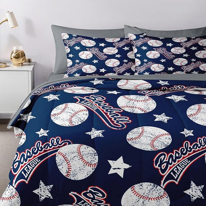 Nesker 5 Pcs Comforter Set Twin Size, Red White Blue Baseball Boys Bedding Set for Kids and Adults, Kids Vintage Ball Sports Bed Sheet Sets with Fitted Sheet Pillowcases & Shams