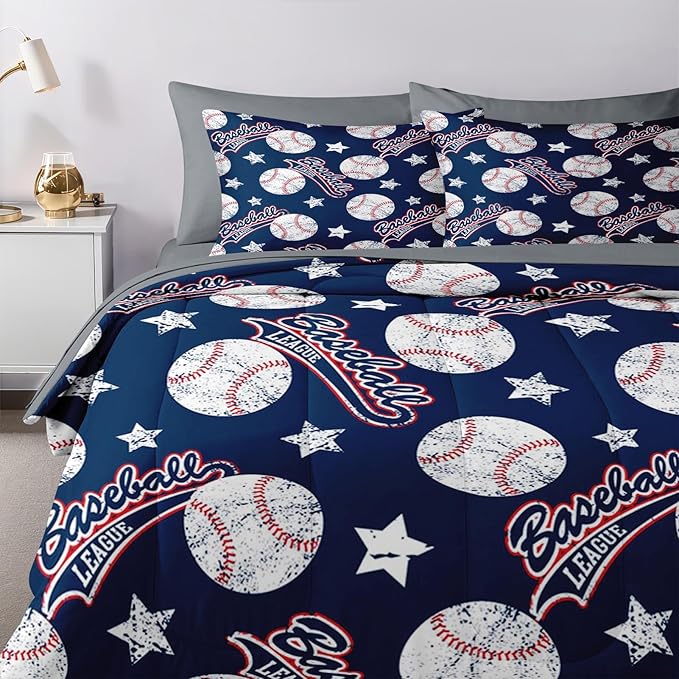 Nesker 7 Pcs Comforter Set Full Size, Red White Blue Baseball Boys Bedding Set for Kids and Adults, Kids Vintage Ball Sports Bed Sheet Sets with Fitted Sheet 2 Pillowcases & 2 Shams
