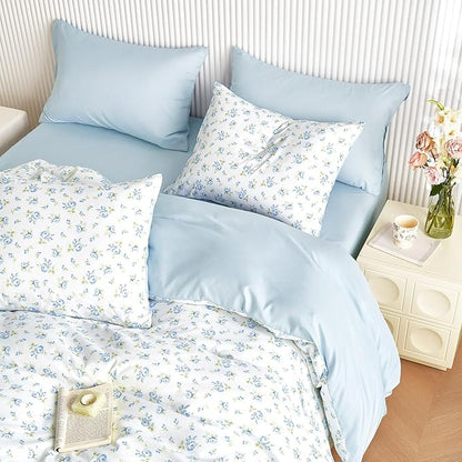 Wake In Cloud - Floral Comforter Set with Sheets, Coquette Cottagecore Aesthetic Flower Shabby Chic Pattern for Women Teen Girls, 5 Pieces Bed in a Bag, White Blue, Twin Size