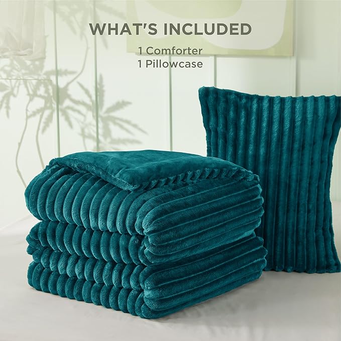 Bedsure Twin/Twin XL Comforter Set - GentleSoft™ 2 Pieces Fluffy Double-Side Fleece Comforter Set, Cozy Striped Room Decor Aesthetic, Luxury Teal Twin Bedding with 1 Pillowcase, 68x88 Inches