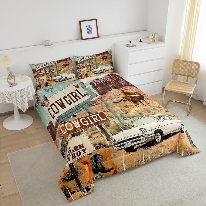 Feelyou Western Aztec Comforter Set Toddler Size Cowboy Cow Duvet Quilt for Kids Teens Adults Wild Western Shoes Rustic Tribal Car Bedding Set Room Decor with 1 Pillow Case All Season Soft 2Pcs
