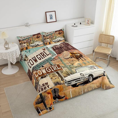 Feelyou Western Aztec Comforter Set Toddler Size Cowboy Cow Duvet Quilt for Kids Teens Adults Wild Western Shoes Rustic Tribal Car Bedding Set Room Decor with 1 Pillow Case All Season Soft 2Pcs