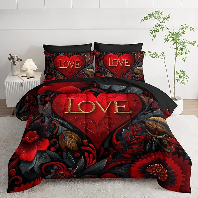 7 Piece Red Heart Comforter Set King Size，Black and Gold Flowers Bedding King Set ，(1 Comforter, 1 Flat Sheet, 1 Fitted Sheet, 2 Pillowcase and 2 Pillow Sham)，Valentine's Day Decor Bedroom