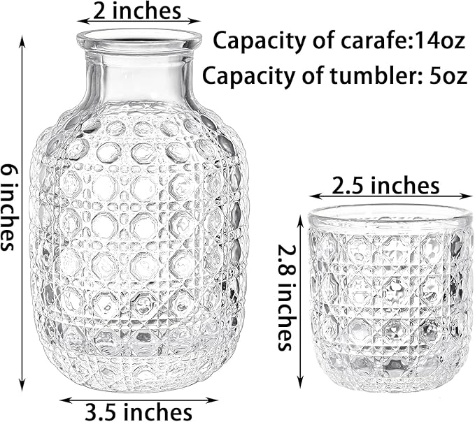 Vintage 2-Set Bedside Water Carafe Clear Glass Mouthwash Bottle & Glass for Bedroom, Kitchen, or Nightstand (Set)