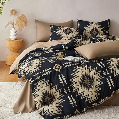 Wake In Cloud - Western Comforter Set, Boho Southwestern Rustic Farmhouse Style with Aztec Geometric Block Pattern, Soft Lightweight Bedding, 3 Pieces, Tan Black, Queen Size