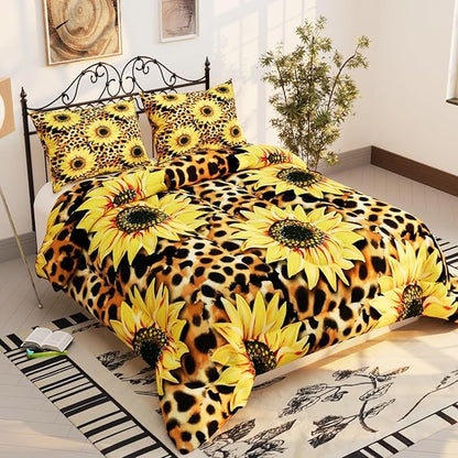 Sunflower Comforter Sets for Kids Adults,3D Pattern with Bright Yellow Colors,Decorative Bedding Comforter Sets with 2 Pillow Shams, King Size
