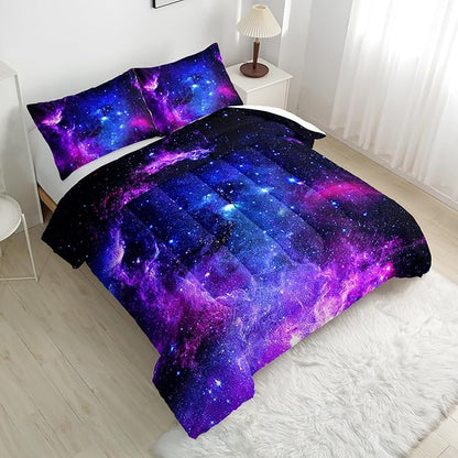 Violet Starry Sky Comforter Set - Twin Size, Kids Bedding Set with Galaxy Comforter and 2 Pillowcases