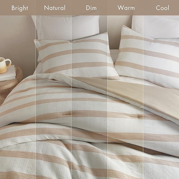 Madison Park Essentials Striped Comforter Set Queen Size, Yarn-Dyed Reversible Comforter with Minimalist Stripes, Crinkled Texture Bedding Set for All-Season Lightweight Warmth, Merritt Taupe